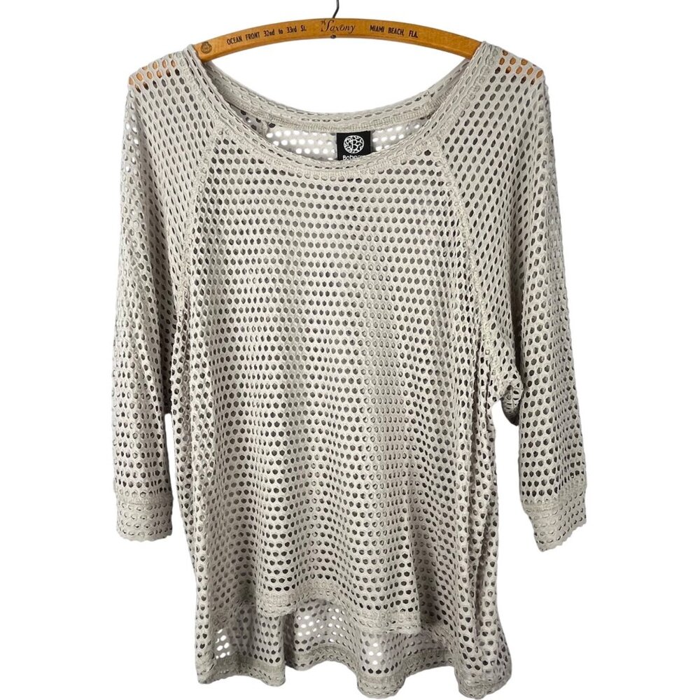 Bobeau Beige Mesh Knit Oversized Sheer Top 3/4 Sleeve Boutique NEWOT L